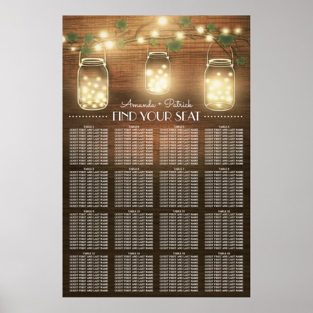 Lights + Rustic Mason Jar Wedding Seating Chart (Front)