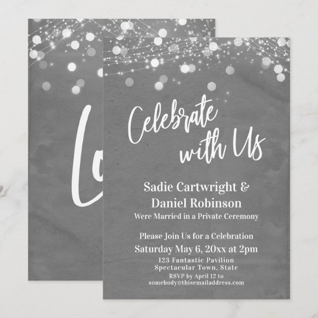 Lights Textured Celebrate with Us Grey Reception Invitation (Front/Back)