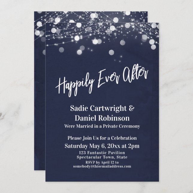 Lights Textured Happily Ever After Reception Navy Invitation (Front/Back)
