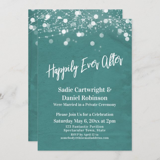 Lights Textured Happily Ever After Reception Teal Invitation (Front/Back)