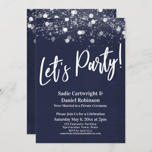 Lights Textured Let's Party Navy Reception Only Invitation (Front/Back)