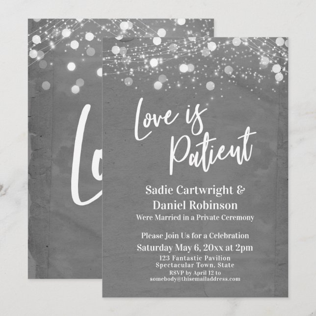 Lights Textured Love is Patient Grey Reception Invitation (Front/Back)