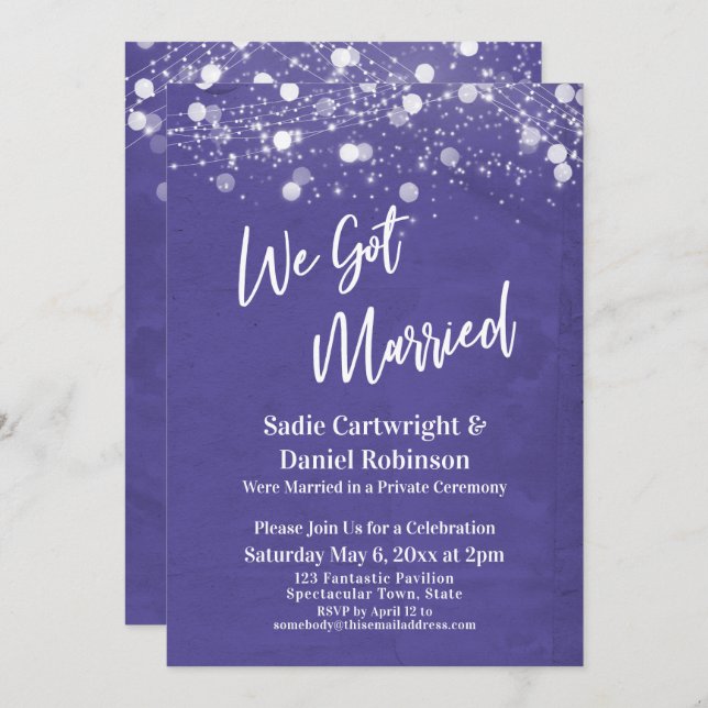 Lights Textured We Got Married Purple Reception Invitation (Front/Back)