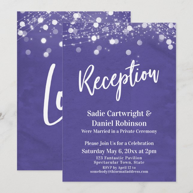 Lights Textured Wedding Reception-Only Purple Invitation (Front/Back)