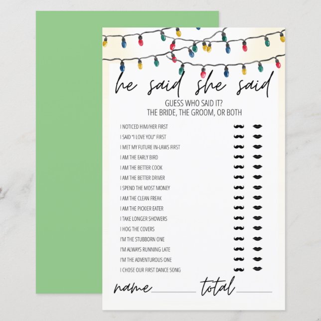 Lights Theme He Said She Said Bridal Shower Game (Front/Back)