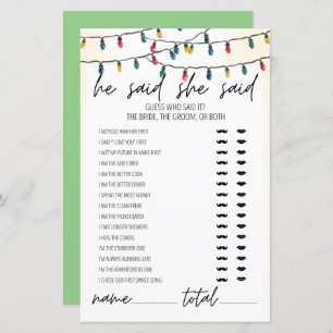 Lights Theme He Said She Said Bridal Shower Game