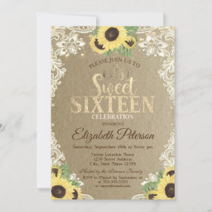 Lights,Tiara,Lace Sunflowers Kraft Sweet 16 Party Invitation