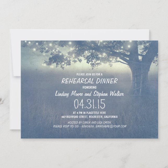 lights tree rustic rehearsal dinner invitation (Front)