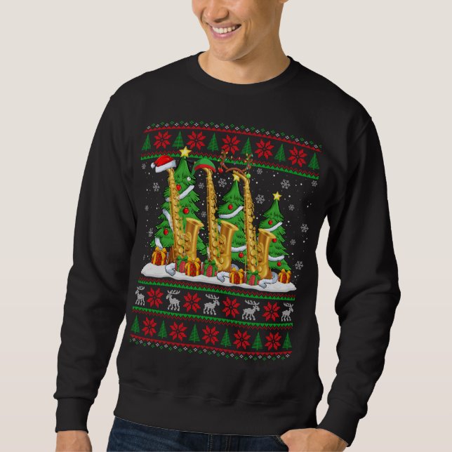 Lights Xmas Sweater Style Ugly Santa Saxophone Chr (Front)