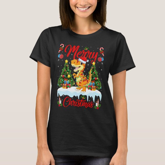 Lights Xmas Tree Santa Allosaurus Dinosaur Christm T-Shirt (Front)