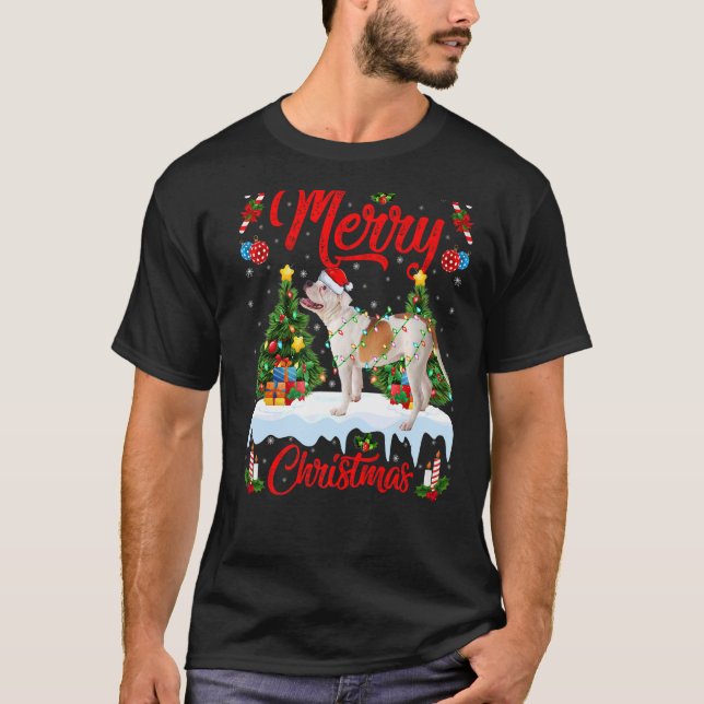 Lights Xmas Tree Santa American Bulldog Christmas  T-Shirt (Front)