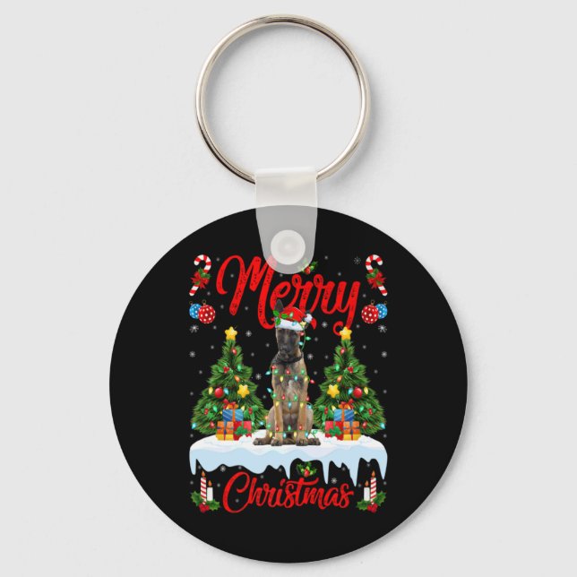 Lights Xmas Tree Santa Belgian Malinois Dog Christ Key Ring (Front)