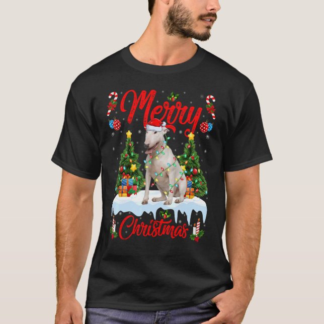 Lights Xmas Tree Santa Bull Terrier Dog Christmas T-Shirt (Front)