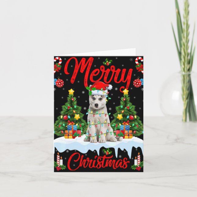 Lights Xmas Tree Santa Siberian Husky Dog Christma Card (Front)