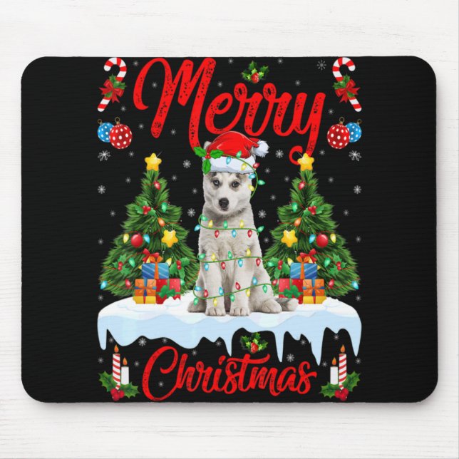 Lights Xmas Tree Santa Siberian Husky Dog Christma Mouse Mat (Front)