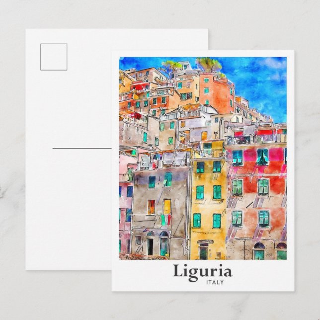 Liguria Italy Travel Watercolor Hand Drawn Postcard (Front/Back)