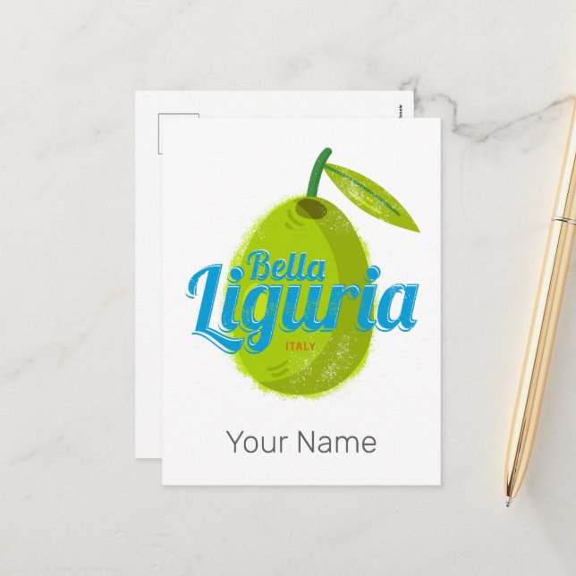 Liguria Retro Olive Italy Vintage Holiday Souvenir (Front/Back In Situ)