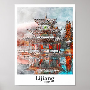 Lijiang China Travel Watercolor Hand Drawn Poster
