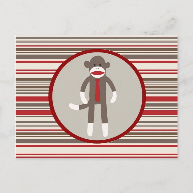 Like a Boss Sock Monkey with Tie on Red Stripes Postcard (Front)