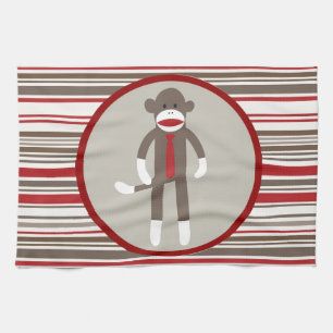 Like a Boss Sock Monkey with Tie on Red Stripes Tea Towel