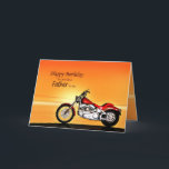 Like a father, Motorcycle in the sunset birthday Card<br><div class="desc">A motorbike similar to a Harley standing by the sea with a glorious orange sunset. A great card for anybody who likes biking and motorcycles.See the whole range of cards for ages and relationships in my store. All artwork copyright Norma Cornes</div>