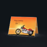 Like a son, Motorcycle in the sunset birthday card<br><div class="desc">A motorbike similar to a Harley standing by the sea with a glorious orange sunset. A great card for anybody who likes biking and motorcycles.See the whole range of cards for ages and relationships in my store. All artwork copyright Norma Cornes</div>