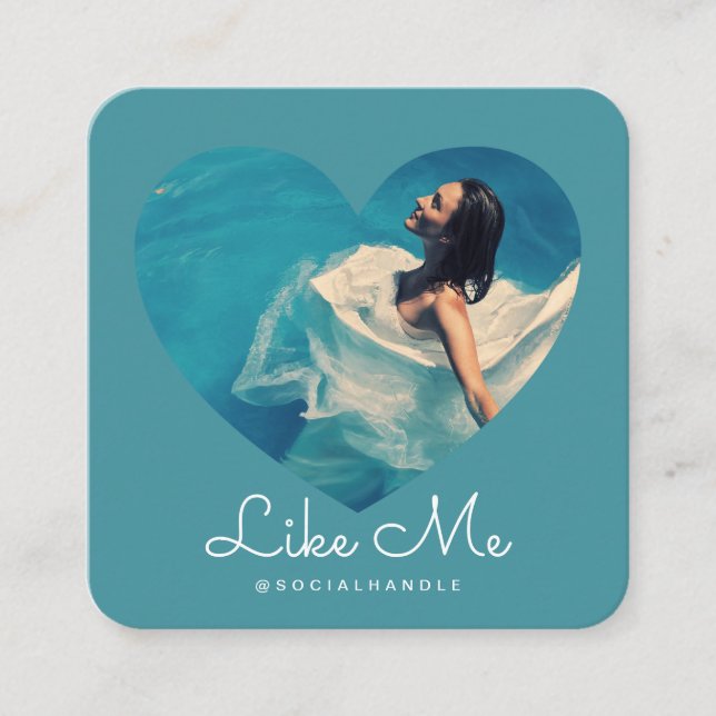 Like Me Blue Photo Heart Frame Girly Social Media Square Business Card (Front)