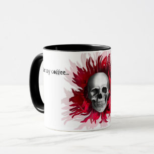 Like my coffee floral red black white skull mug