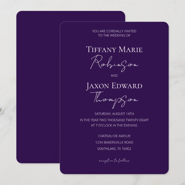 Like Royalty Purple Minimalist Elegance Wedding Invitation (Front/Back)