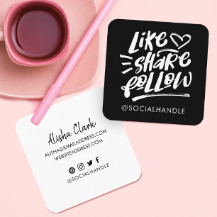 Like Share Follow Brush Script Black Social Media Square Business Card