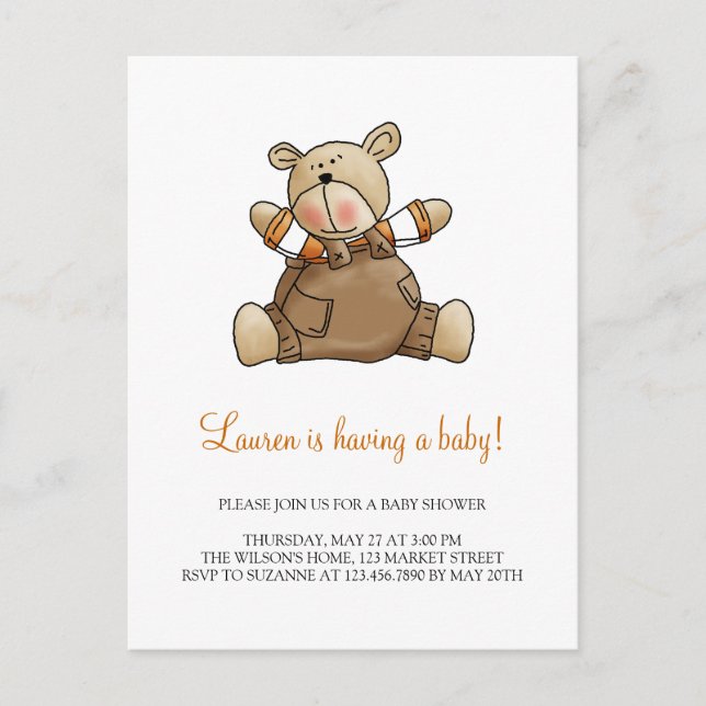 Lil' Bears · Baby Boy Brown Romper Invitation Postcard (Front)