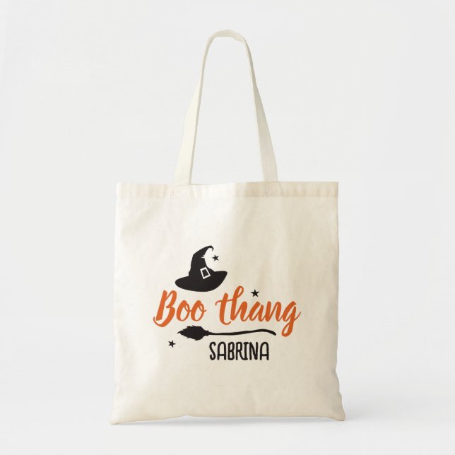 Lil Boo Thang, Wicked Witch Hat, Broom, Halloween Tote Bag (Front)