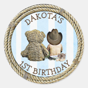 Lil Cowboy and Teddy Bear 1st Birthday Classic Round Sticker