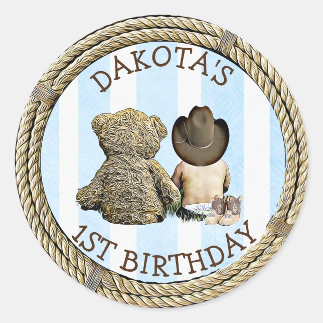 Lil Cowboy and Teddy Bear 1st Birthday Classic Round Sticker (Front)
