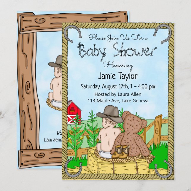 Lil' Cowboy and Teddy Bear Boy's Baby Shower  Invitation (Front/Back)