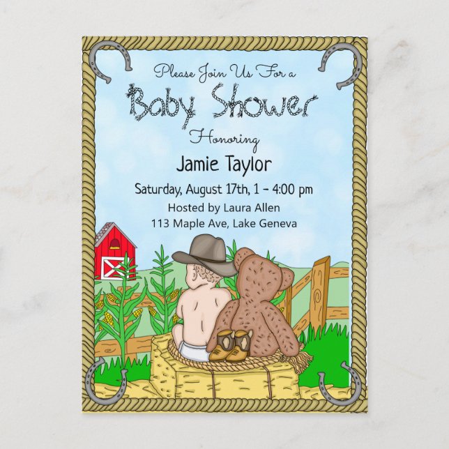 Lil' Cowboy and Teddy Bear Boys Baby Shower Invite Postcard (Front)