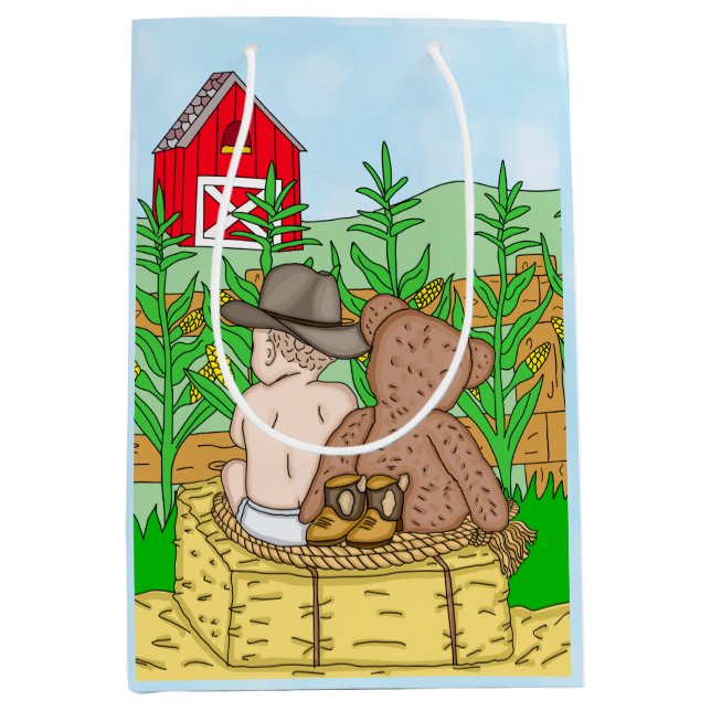 Lil' Cowboy and Teddy Bear Boy's Baby Shower   Medium Gift Bag (Front)