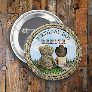 Lil' Cowboy and Teddy Bear Boy's Birthday Boy 6 Cm Round Badge