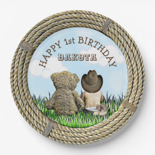 Lil' Cowboy and Teddy Bear Boy's  First Birthday Paper Plate