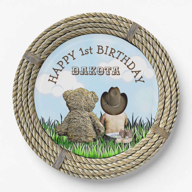 Lil' Cowboy and Teddy Bear Boy's  First Birthday Paper Plate (Front)
