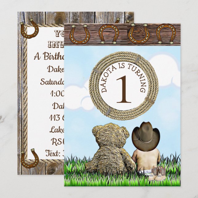 Lil' Cowboy and Teddy Bear First Birthday Party Invitation (Front/Back)