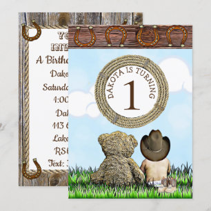 Lil' Cowboy and Teddy Bear First Birthday Party Invitation