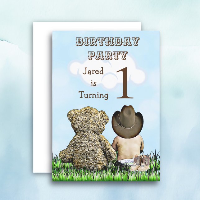 Lil' Cowboy and Teddy Bear First Birthday Party Invitation (Creator Uploaded)