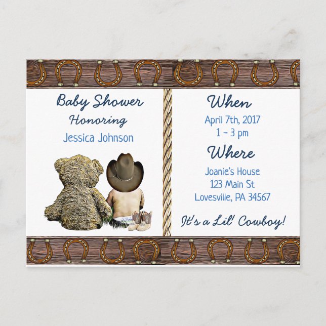 Lil Cowboy Baby Boy and Teddy Bear Baby Shower Invitation Postcard (Front)