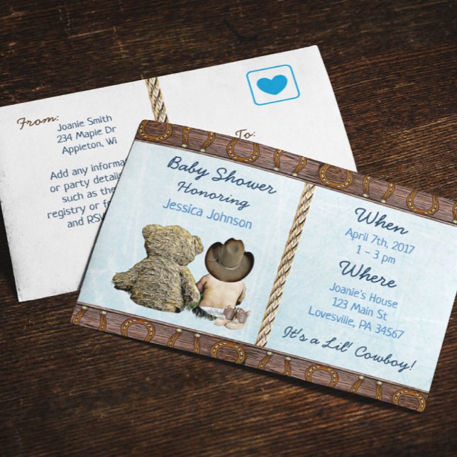 Lil Cowboy Baby Boy and Teddy Bear Baby Shower  Invitation Postcard (Creator Uploaded)