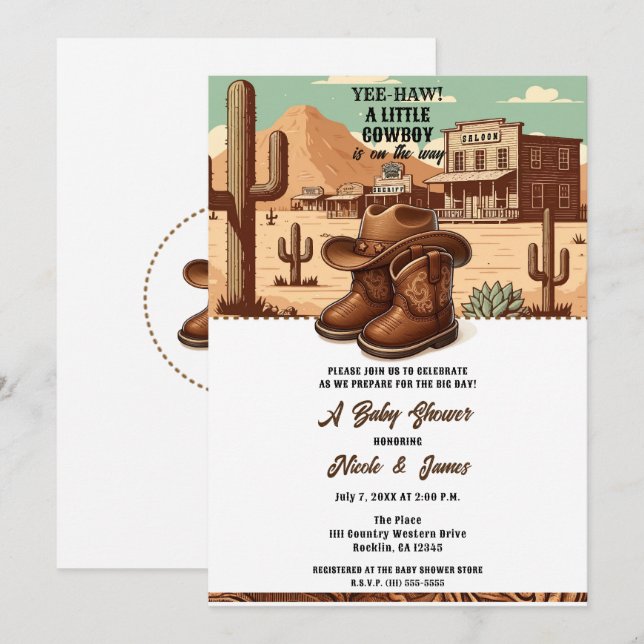 Lil Cowboy Country Western Boots + Hat Baby Shower Invitation (Front/Back)