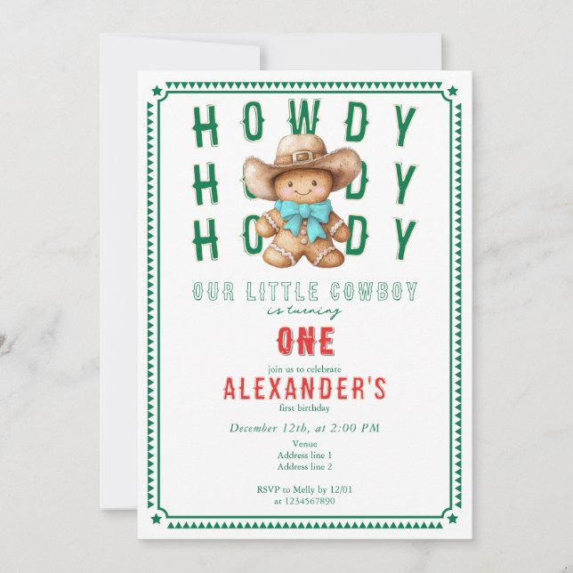 Lil Cowboy Gingerbread Christmas Any Age Birthday  Invitation (Front)