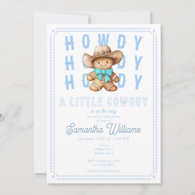 'Lil Cowboy Gingerbread Christmas Blue Baby Shower Invitation (Front)