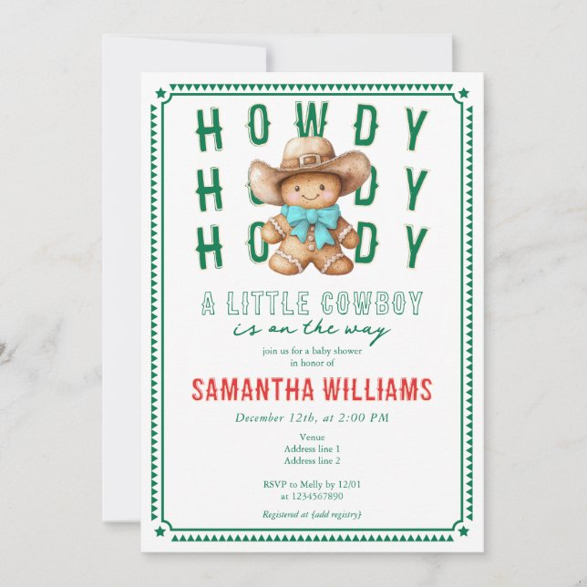 Lil Cowboy Gingerbread Christmas Green Baby Shower Invitation (Front)