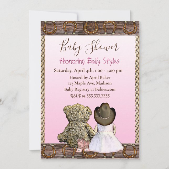 Lil' Cowgirl and Teddy Bear | Pink Baby Shower  Invitation (Front)